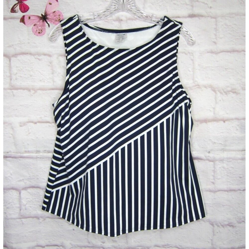 Lands' End Plus Size 16W High Neck Modest Tankini Top Blue Stripe UPF 50